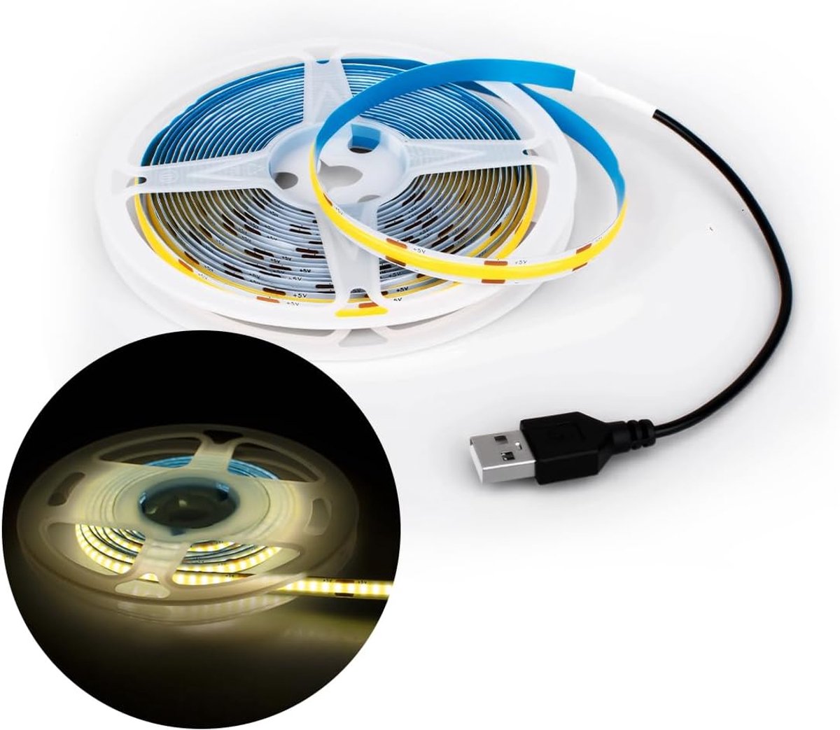 5M COB LED Lichtstrook, 8mm Breedte 5V 4000K 320LEDs/m Lichtstrook met USB-aansluiting