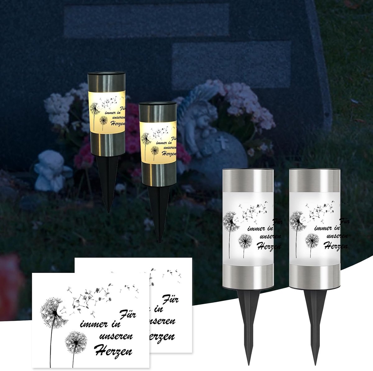 Set van 2 graflichten op zonne-energie met grondpen en paardenbloem stickers, IP65 weerbestendig, led-grafkaarsen, begraafplaatskaarsen met automatische schemeringssensor, graflampen op