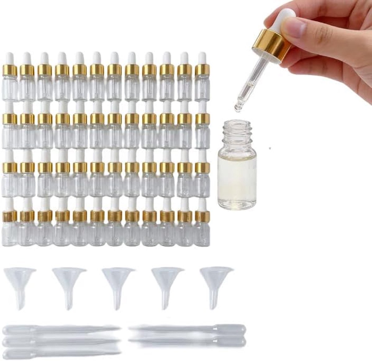 Pipetflesjes van 3 ml, 100 stuks, transparante glazen fles met druppelpipet, mini-pipetfles met 5 trechters en 5 rietjes, voor etherische olie, aromatherapie massage (roségoud)