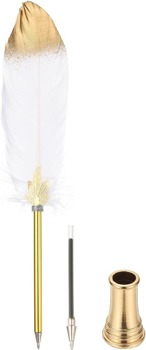 Veren Pen Quill, Veer Balpen Bulk Geraffineerde Vintage Veer Kalligrafie Pen met Gouden Pen Houder voor Gast Handtekening Bruiloft Bruids Kantoor Schrijven, Wit