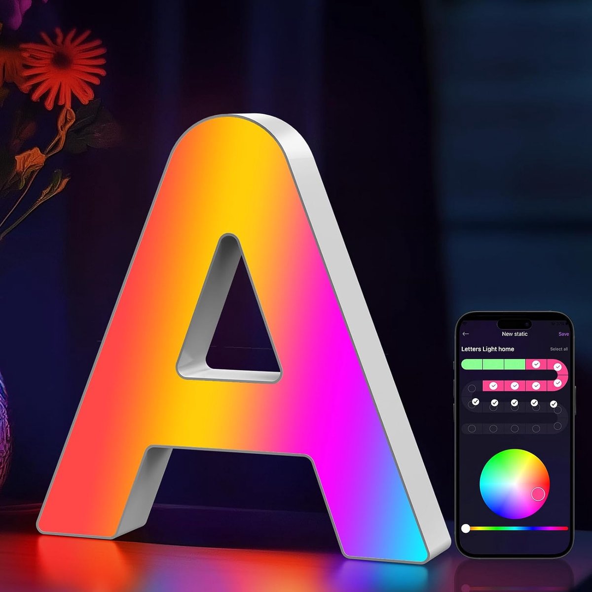 alfabet RGB gekleurd, led-lichtletter met USB-voeding, app-bediening, dimbaar, decoratie voor verjaardag, Kerstmis, bruiloft, feest, Valentijnsdag, letters A