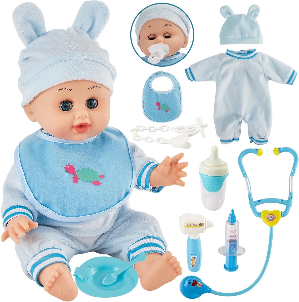 Babypop Jongen Kinderen Dokters Set, 33 cm Interactieve Pratende Pop Open Sluit Ogen met Voeding Accessoires Dokter Doe-het-zelf Speelgoed Meisjes Jongens Kinderen Geschenken leeftijd 2 3+ 4 5