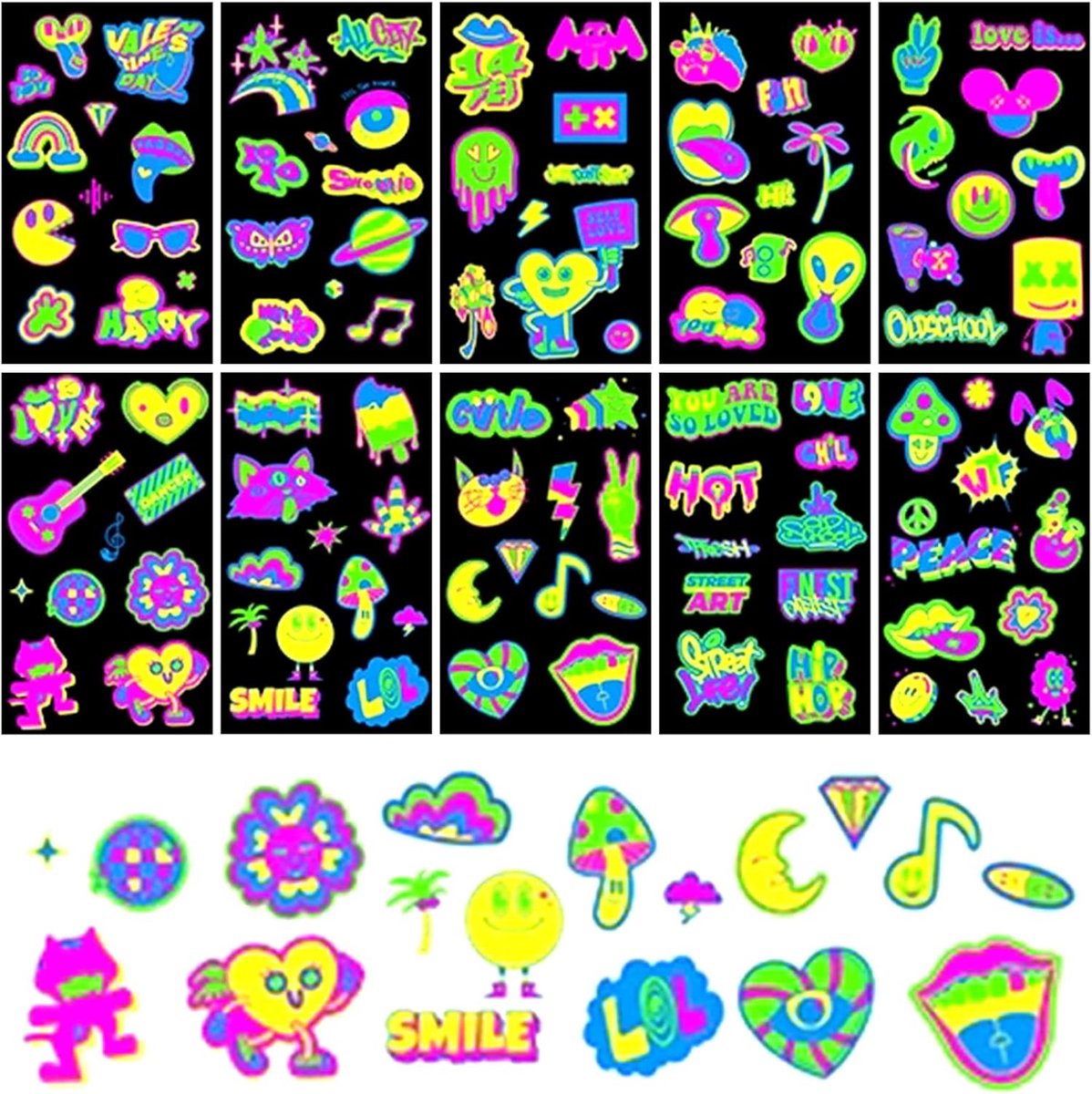 Tijdelijke tatoeageset Ontwerpen the Neon Tattoos Flash UV Neon Fake Waterproof Tattoo Stickers die oplichten onder UV-licht voor feesten en festivals