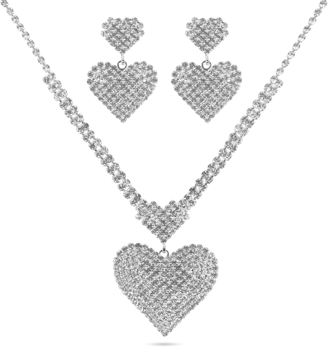 2 stuks dames bruiloft sieradenset, hartvormige hanger bruiloft sieradenset, zilveren strass-steentjes halsketting, hart kristal oorstekers, bruidssieraden, bruiloft sieraden, voor meisjes