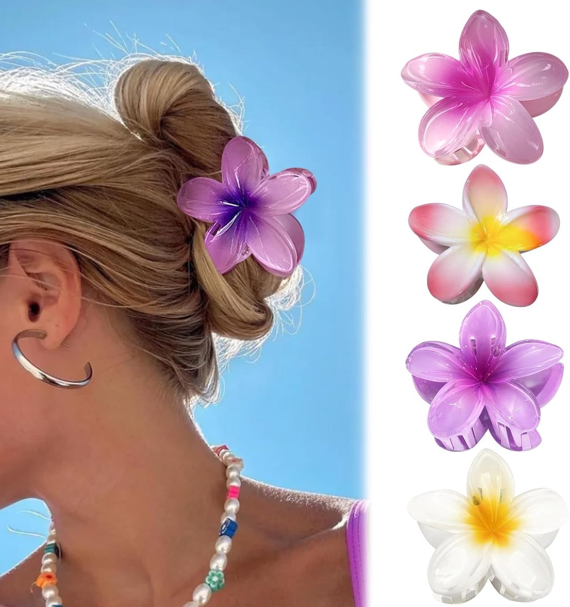 Klemmen, bloemen, 4 stuks, bloemenhaarspelden voor dames, kleurrijke Hawaï-bloemenhaarspeld, zomer, haaraccessoires, antislip, haarclips voor vrouwen en meisjes, haarstyling-accessoires