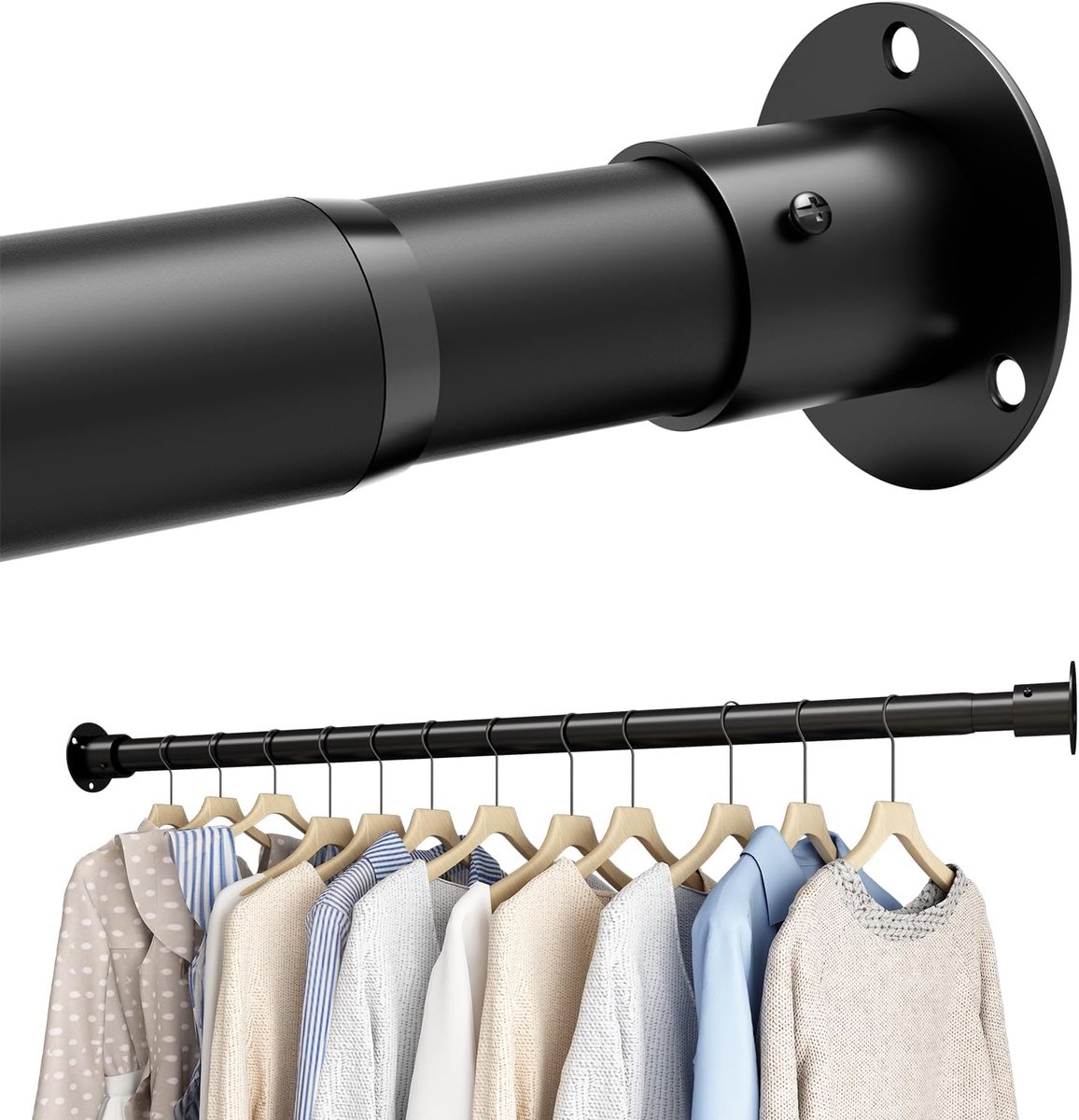 kledingstang, verstelbaar, garderobestang, wandmontage, kledingstangen voor kast, kledingkast, wasruimte, 85-270 cm, zwart (diameter 32 mm)
