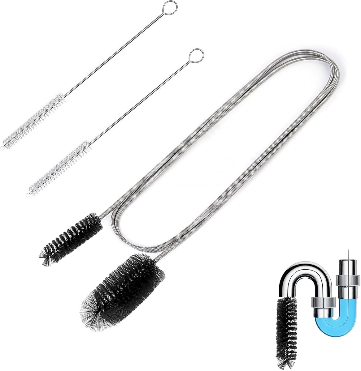 Pijpreinigingsborstelset met dubbele kop (2 m) + 2 x slangborstels (20 cm) – flexibele afvoerborstel voor buizen, afvoeren, aquarium en huishouden (zwart)
