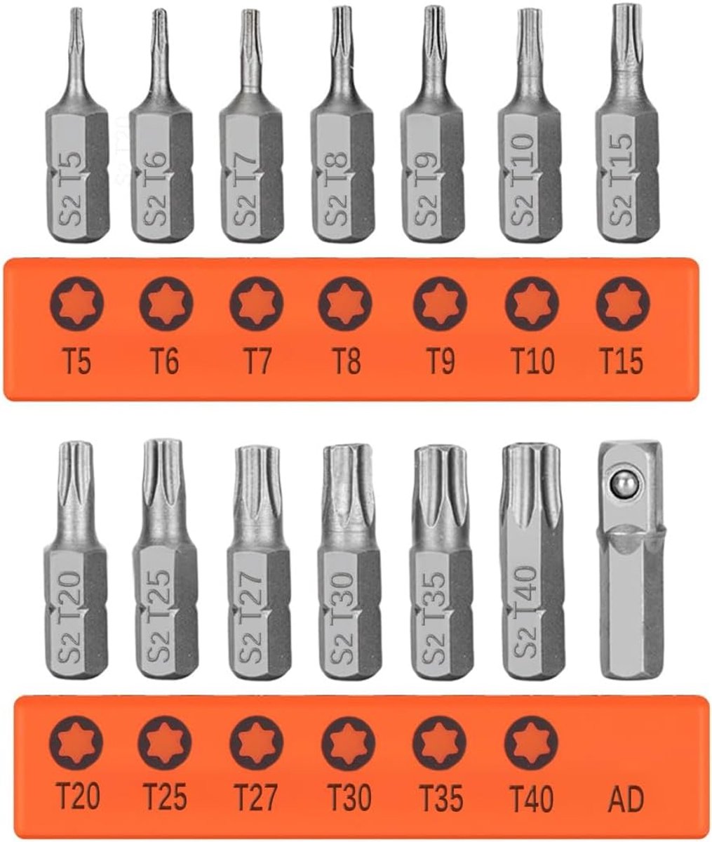 14 stuks T5-T40 Torx schroevendraaierbitset met gat, 1/4 inch zeskantschacht schroefbit, S2 staal magnetische torx-bit-assortiment Torx Tamper Proof beveiligingsbits met sleuf (25 mm lengte)