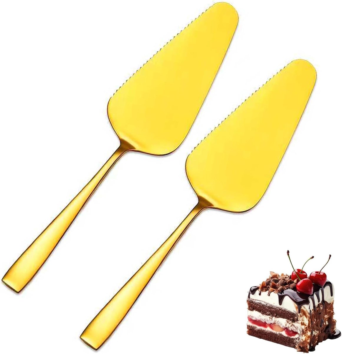 Taartschep set roestvrij staal, 2 stuks taartschep roestvrij staal gepolijst taartschep taartmes met gekartelde randen, taartmessenset voor keukens, restaurants en feesten (goud)