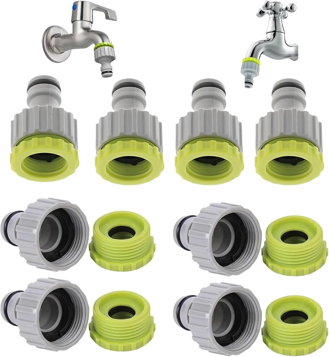 8 stuks kraanadapters en kraanconnectorset, 1/2 inch, 3/4 inch, 2-in-1 tuinkraanaansluiting, tuinslangaansluiting voor tuinirrigatie, kraanslangaansluiting