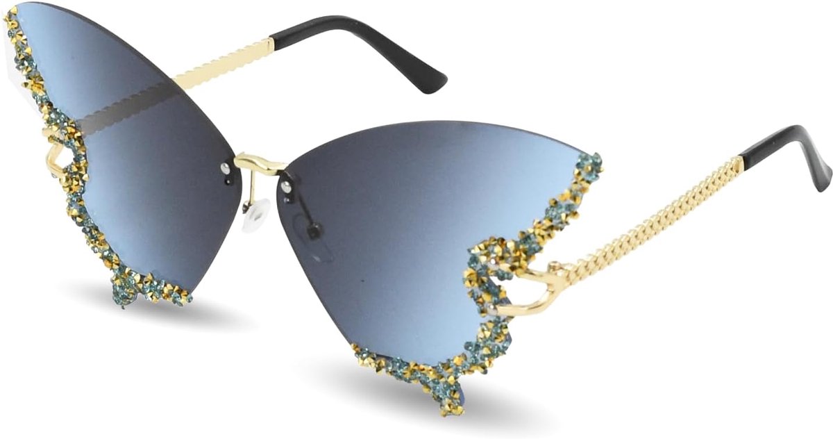 Diamant bezette zonnebril met vlindervormig frame, blauwgrijze kleurverloop, 70 mm brede lenzen. Cool accessoire voor zomer strand - feesten, disco, muziekfestivals