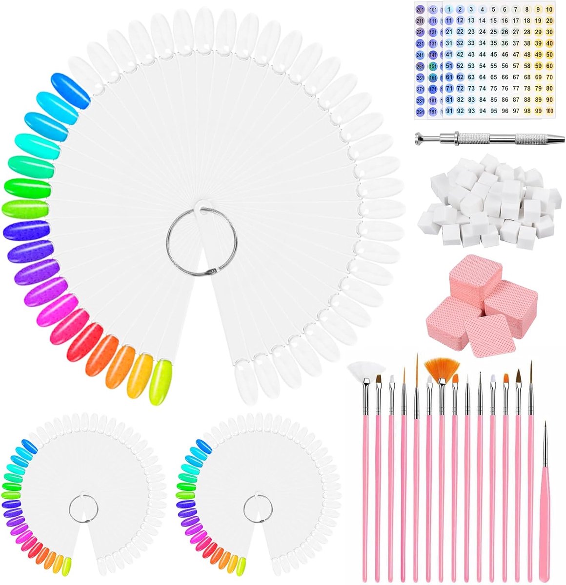 Nagelpatroonsticks, nagelsticks, nagelkleurenscherm, standaard, semi-permanente nagellak, kleurkaart voor nail-art-stijl en kleurweergave, met cijferstickers (300 stuks)