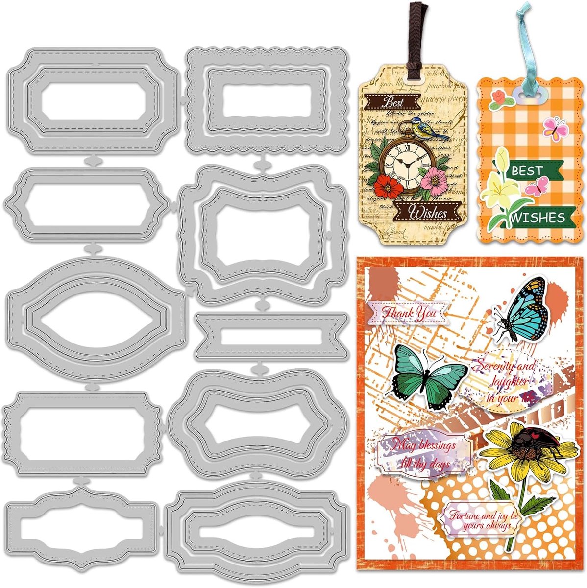 16 stuks stansvormen voor etiketten, bladwijzers, 10 verschillende designs, metalen stansvormen, reliëfsjablonen, sjabloon voor doe-het-zelf scrapbooking, albums, 20 cm x 11 cm