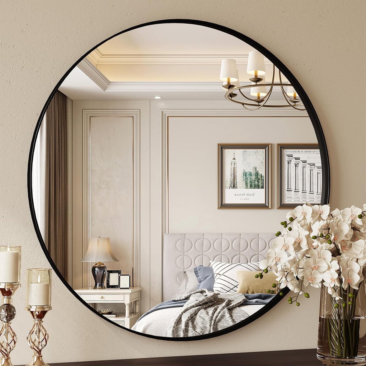Spiegel 80 x 80 cm, luxe diep frame, ronde badkamerspiegel, ronde wandspiegel, rond, met zwart geborsteld metalen frame, voor badkamer, slaapkamer, entree, wanddecoratie