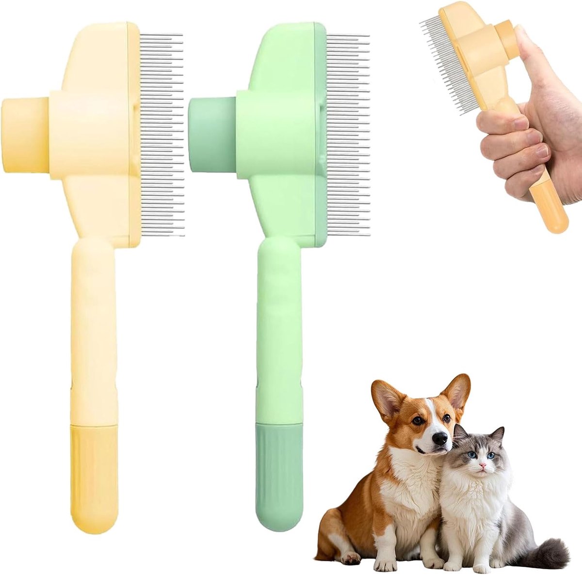 Set van 2 zelfreinigende kammen voor honden en katten, borstel met ontgrendelingsknop, kam van roestvrij staal voor kort en lang haar, verwijdering van haar en vlooien