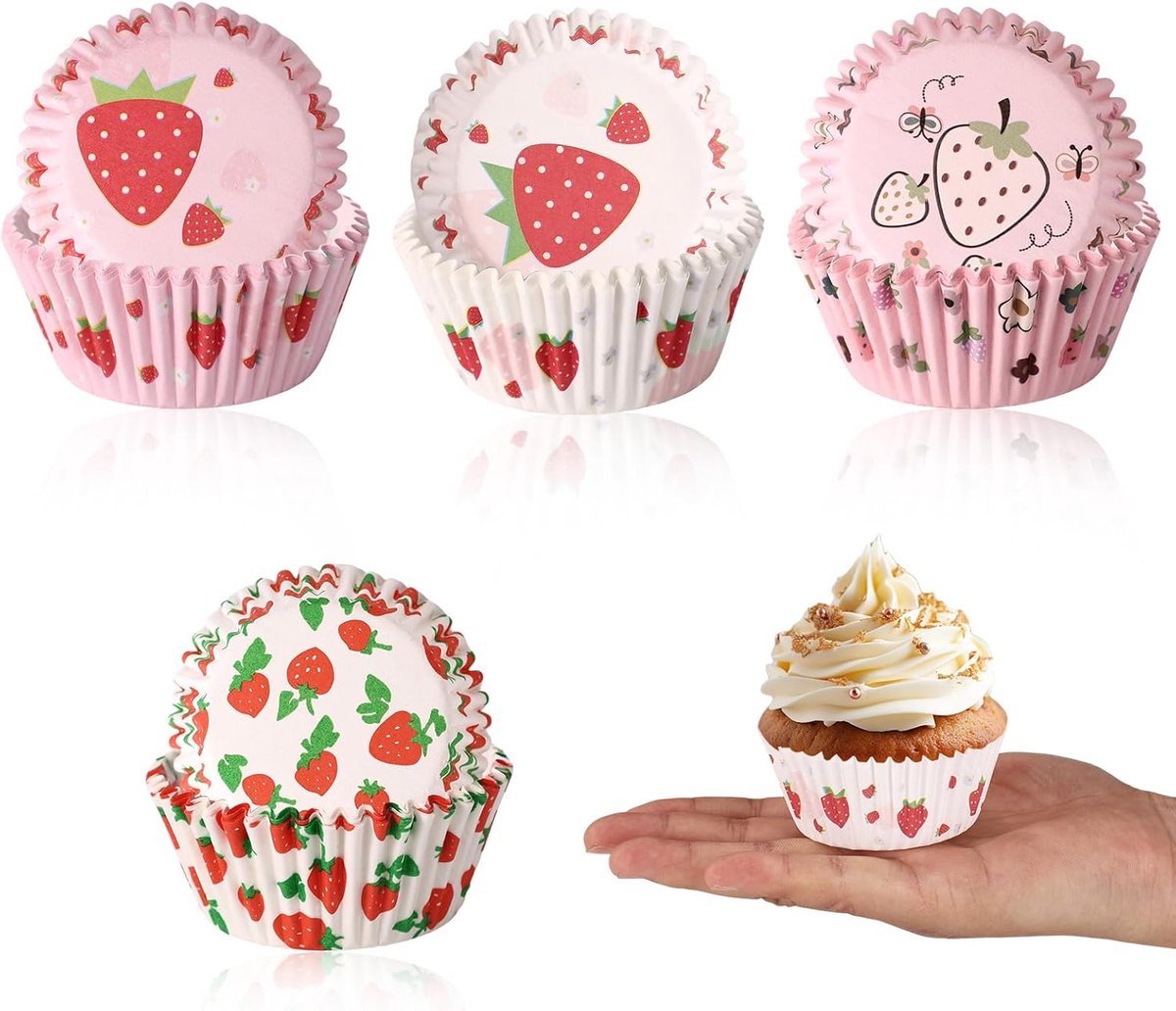 100st Aardbeien Cupcakevormpjes, Zoete Aardbeienthema Cupcakevormpjes met PVC Transparante Opbergdoos voor Muffins Snacks en Desserts Wikkels Decoraties