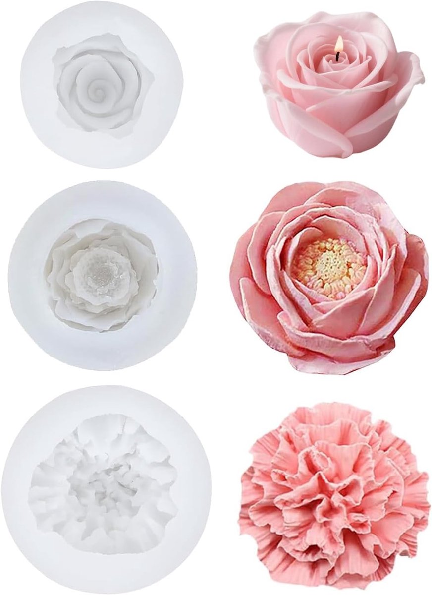 gietvormen, 3 stuks, bloemen, kaarsvormen, siliconen bloemen, rozenbloemen, siliconen vorm, anjer, pioenroos, siliconen vormen, kaarsvormen om te gieten, bloemen, voor chocolade
