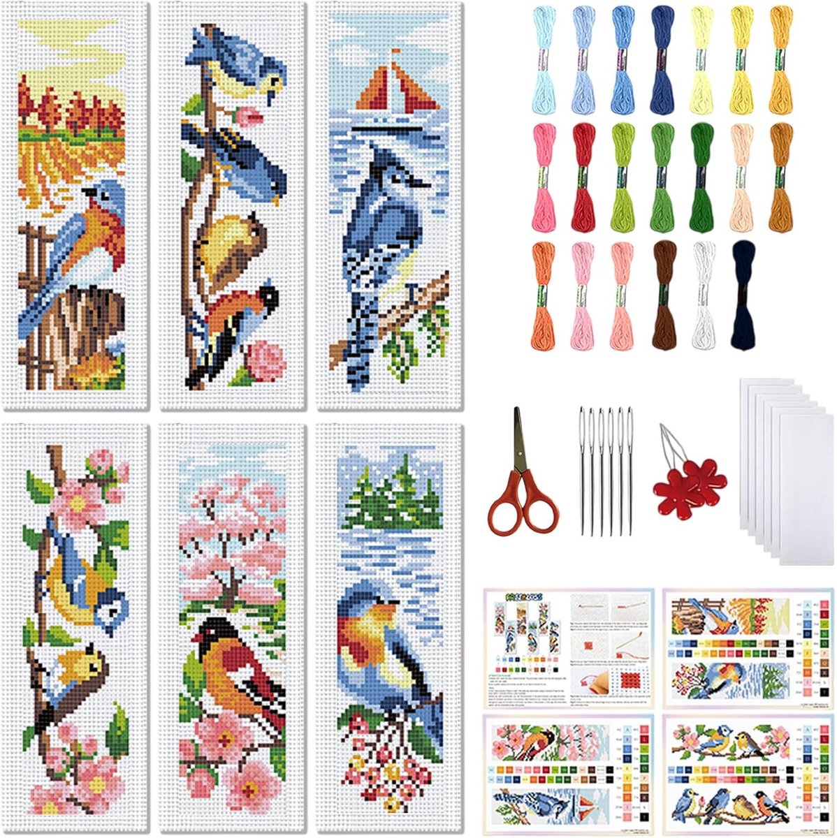 Kruissteekbladwijzerset, 6 stuks, 11 ct, vier bloemen en vogels, kruissteek, complete set, bladwijzerset, doe-het-zelf, volwassenen, beginners, met instructies, 6 x 20 cm