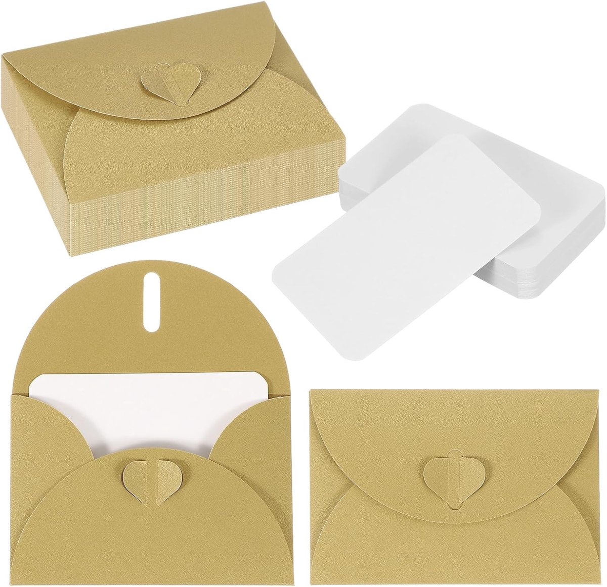 Enveloppen met Hartsluiting, 4.1x3 Blanco Notitiekaarten met Enveloppen voor Gift Bruiloft Uitnodiging Afstuderen Vakantie Thanksgiving Dag Kerstmis, Goud