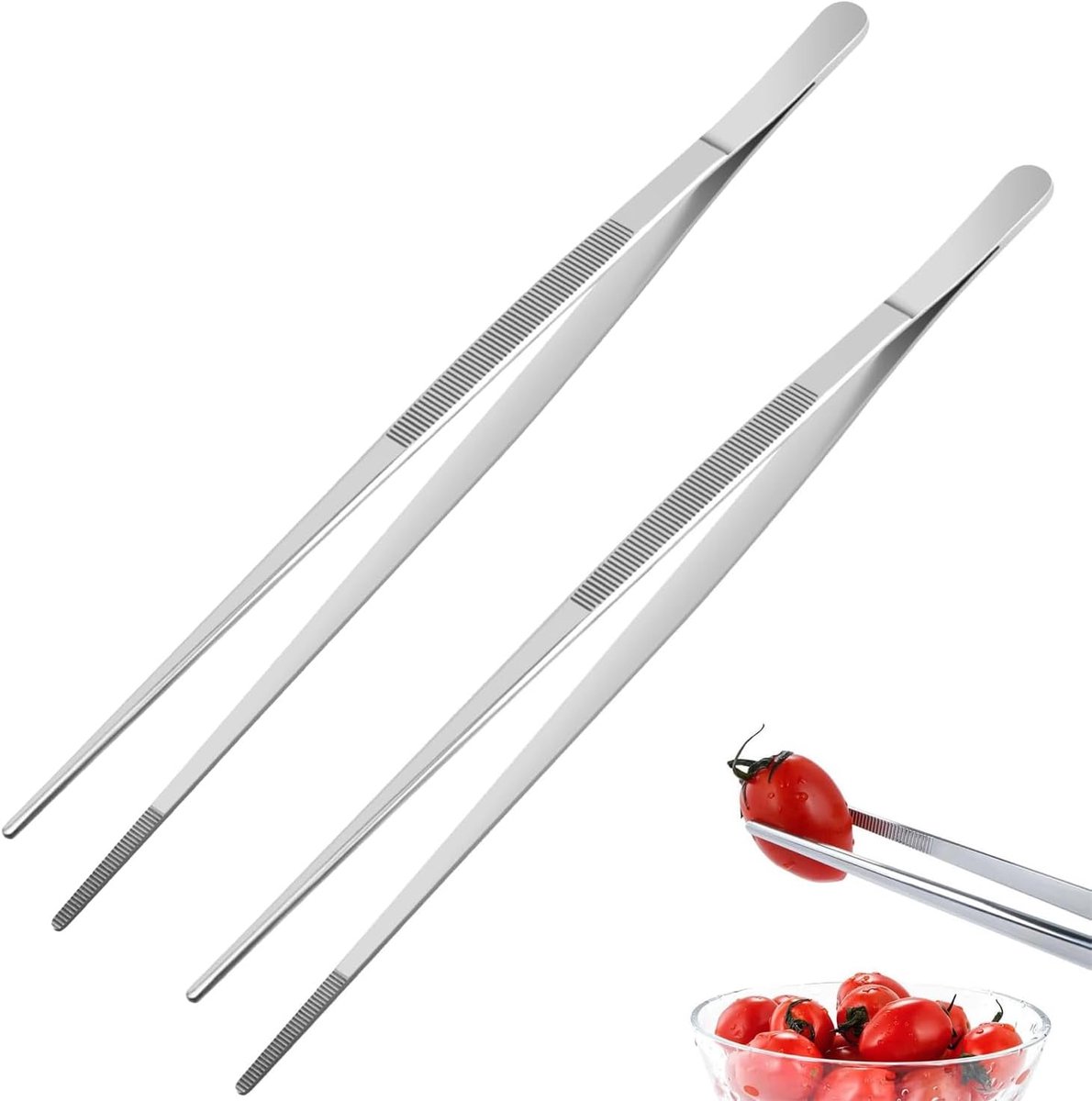 2 stuks 30 cm barbecuetang, roestvrijstalen keukentang met precisietips voor grillen, braden en serveren (zilver)
