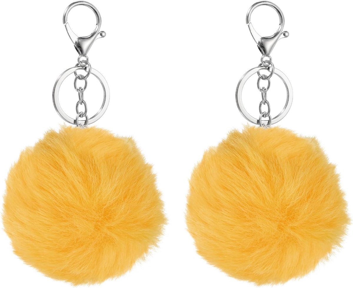 2 stuks charm-pompons, hangers pompons 8,9 cm, grote pompons, sleutelhangers voor tassen, handtassen, rugzakken, sjaals, accessoires en cadeau, mosterdgeel