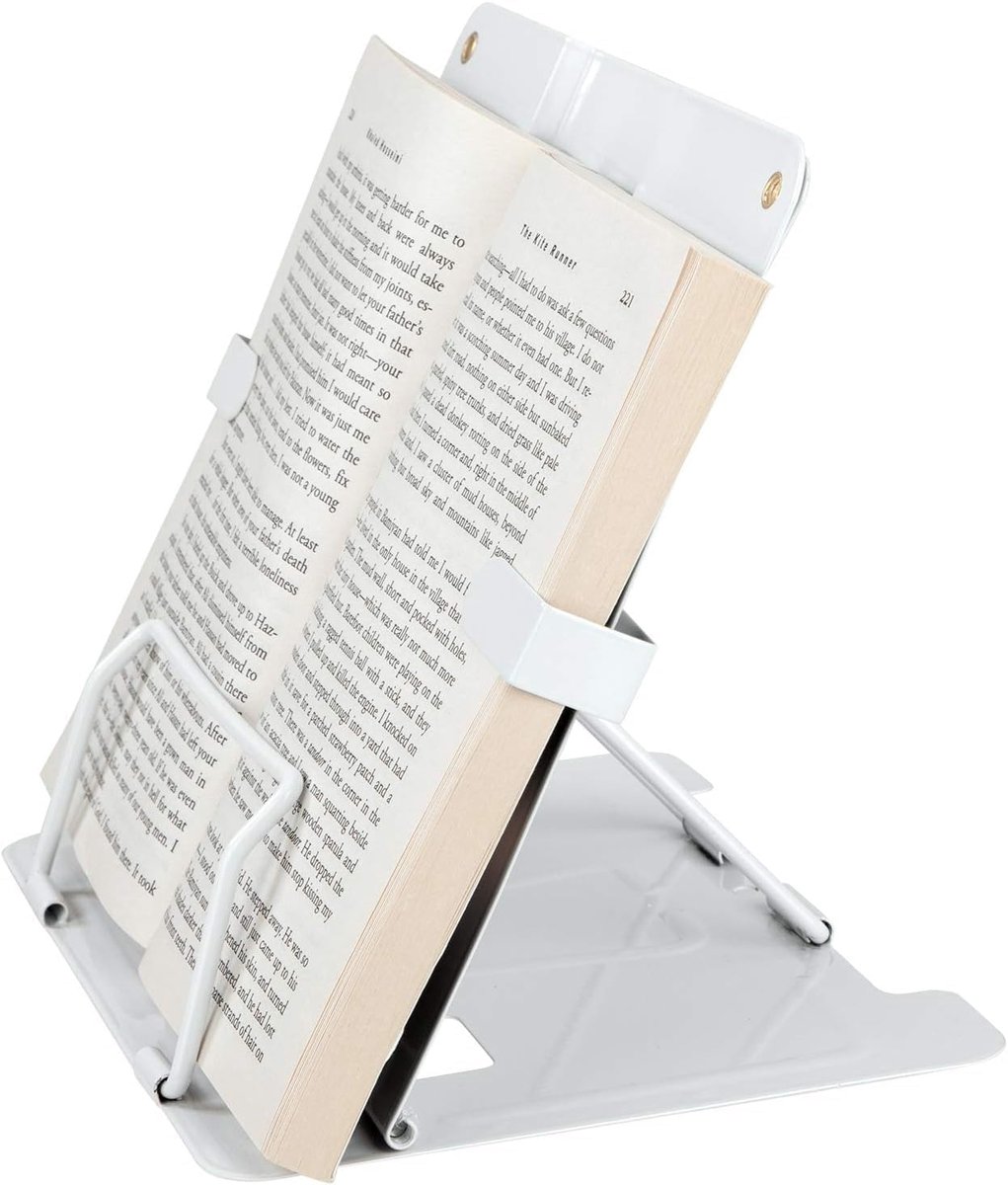 Boekenstandaard van metaal, opvouwbare en verstelbare leesstandaard, 6 posities, boekhouder voor recepten, tijdschriften, tablet en iPad, lezen (wit)