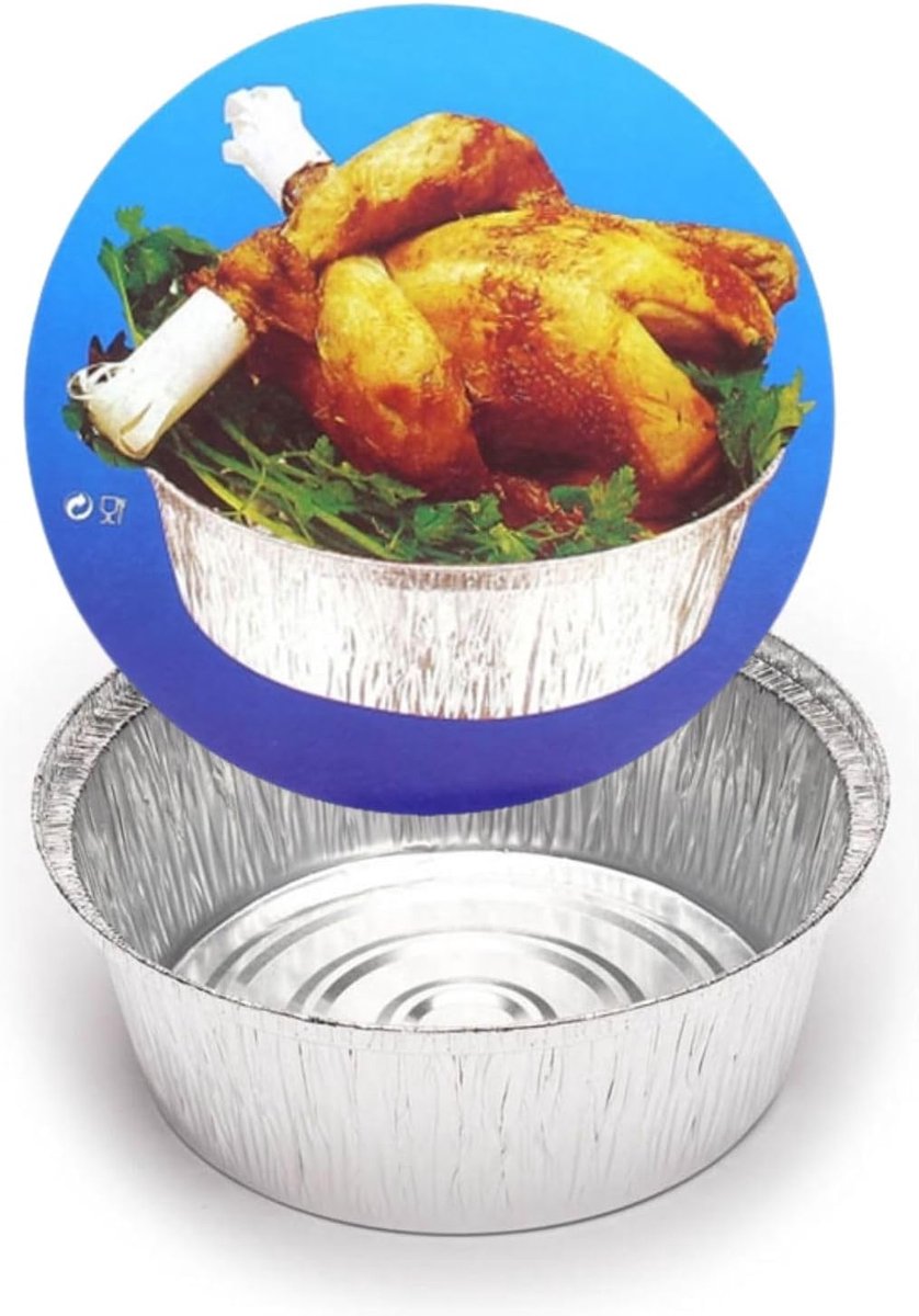 Verpakking met 25 ronde aluminium blikjes met deksel van karton, 1400 ml, geschikt voor hoge temperaturen, aluminium containers voor gebraden kip