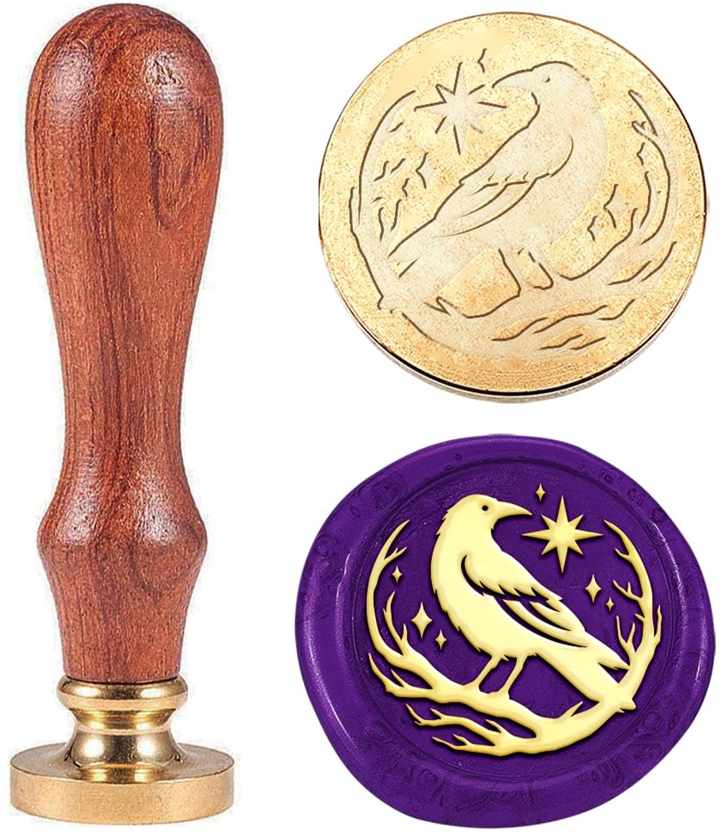 Vintage waszegelstempel, raventak, zegelwas, stempel, 30 mm, afneembare messing stempelkop met houten handvat, voor enveloppen, uitnodigingen, bruiloftsversieringen, decoratie