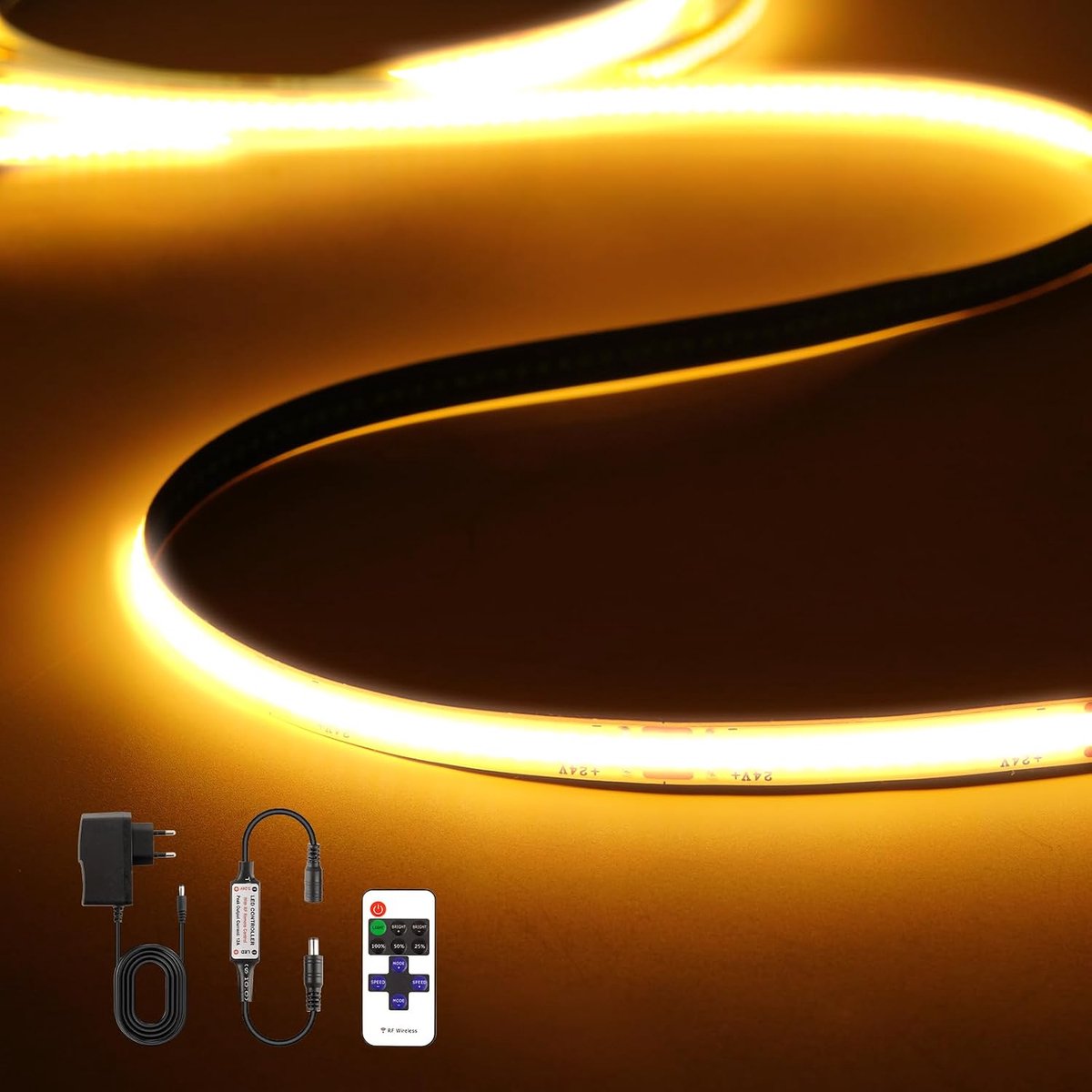 LED strip, 1m dimbaar, 24V warm wit, 2700 K, 320 LED's/m, met RF-afstandsbediening, flexibele LED-strip voor slaapkamer, huis, kast, doe-het-zelfverlichting