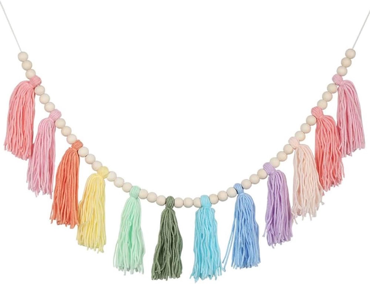 Kwastjes, boho kleurrijke kwastjesbanner met houten kralen, decoratieve wanddecoratie voor woonkamer, slaapkamer, verjaardagsfeestje