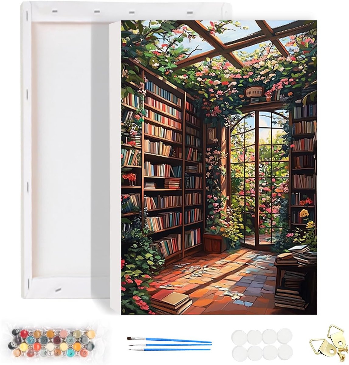 Ingelijste Schilderijen op Nummer voor Volwassenen, Boekenplank Schilderijen op Nummer Kits voor Beginners, DIY Boek Olieverf op Nummer Canvas Kunstknutselplaatjes voor Huisdecoratie, 20X30Cm