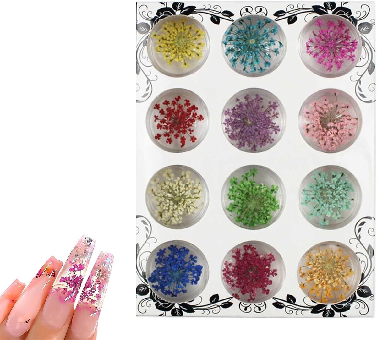 12 kleuren droogbloemen voor nageldesign, echte gedroogde bloemen in transparante doos, voor nail art, sieraden en doe-het-zelfprojecten (12 stuks)