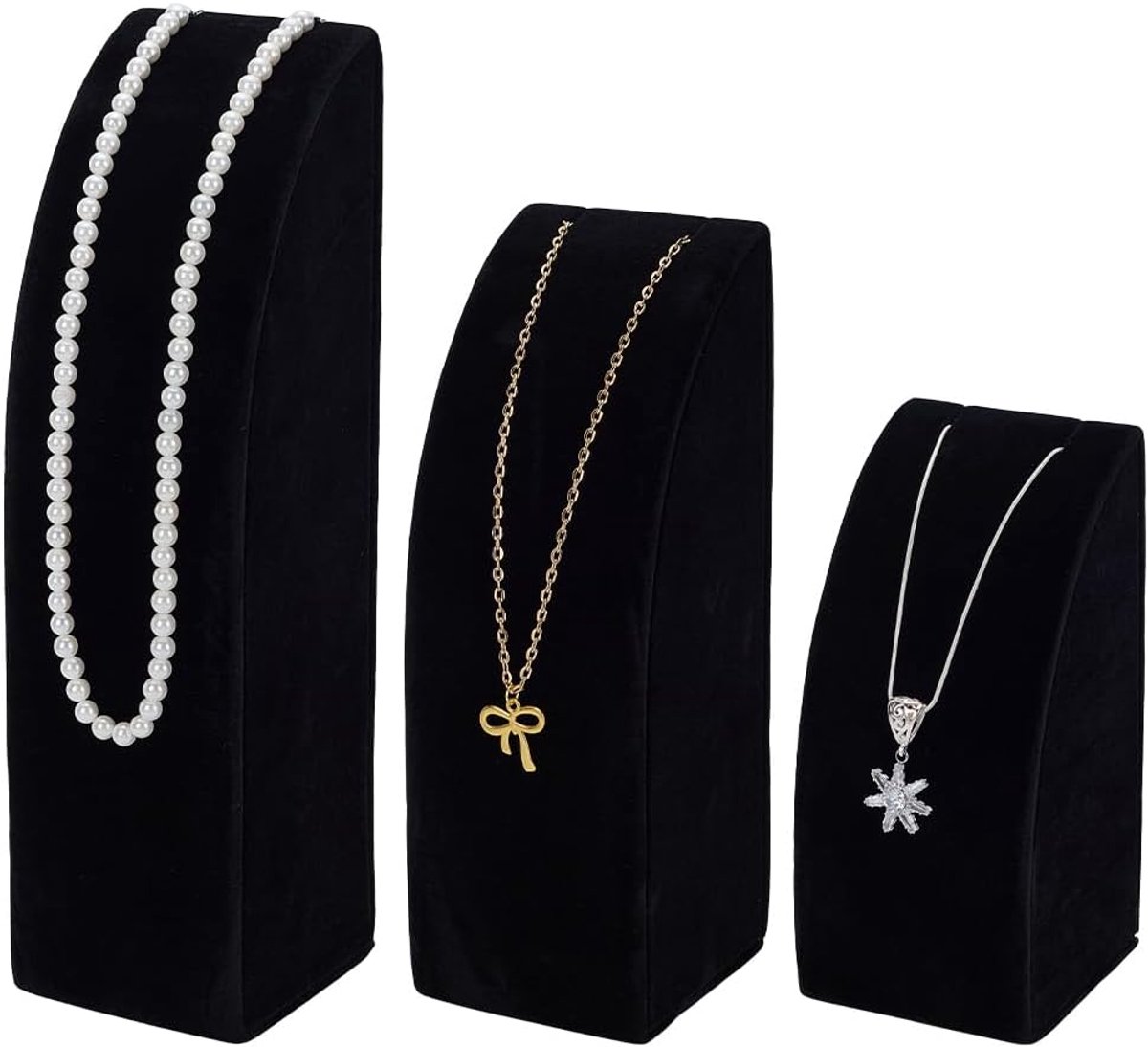 3 stuks halskettingen van fluweel, 14,35/19,5/24,5 cm, zwart, voor de verkoop, display met hangers, voor thuis of in de winkel