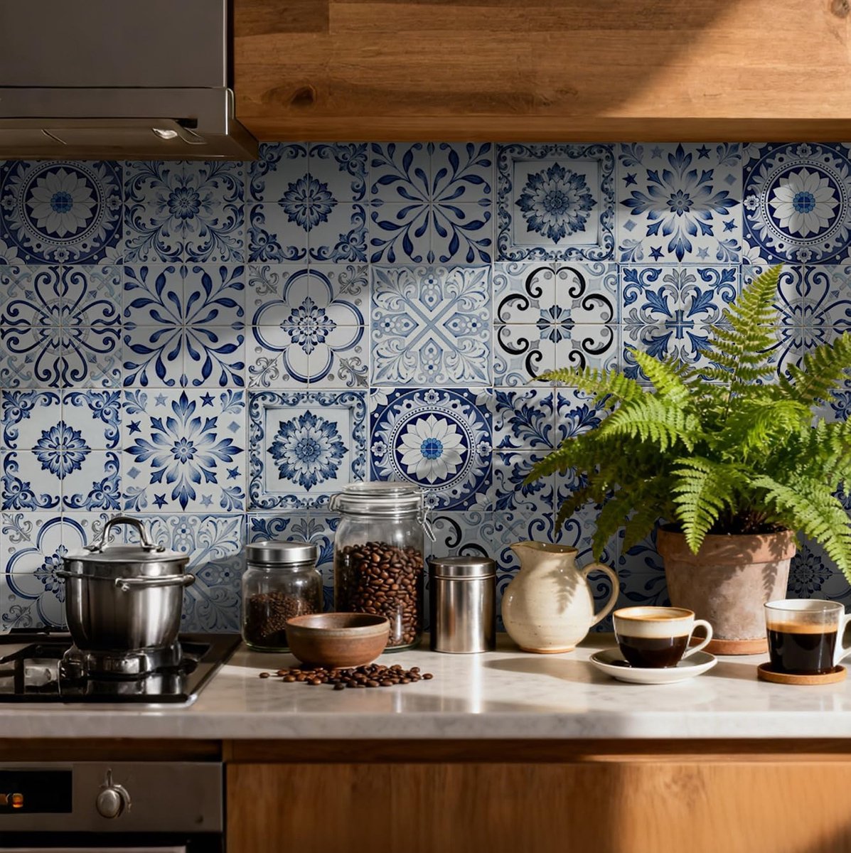 Tegelstickers voor keuken, badkamer, zelfklevende pel-en-plak muur, waterdicht, oliebestendig (15 x 15 cm, 15 x 15 cm), voor vloer, trap, meubels (blauw wit 2), 24 stuks