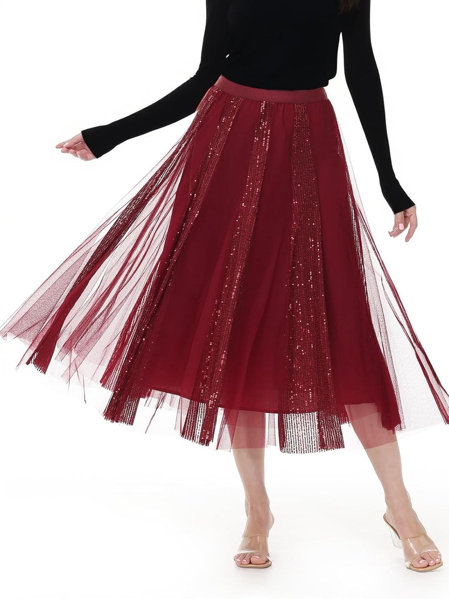 lange pailletten tule rok hoge taille elegante A-lijn gelaagde gelaagde midi mesh rok casual prom party