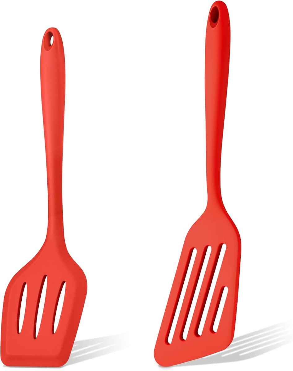 Bakspatel, set van 2 stuks, siliconen spatel, spatel voor het koken, hittebestendig, keukenhulp, spatel voor flipvis, eieren, pannenkoeken, antiaanbaklaag, vaatwasmachinebestendig, rood