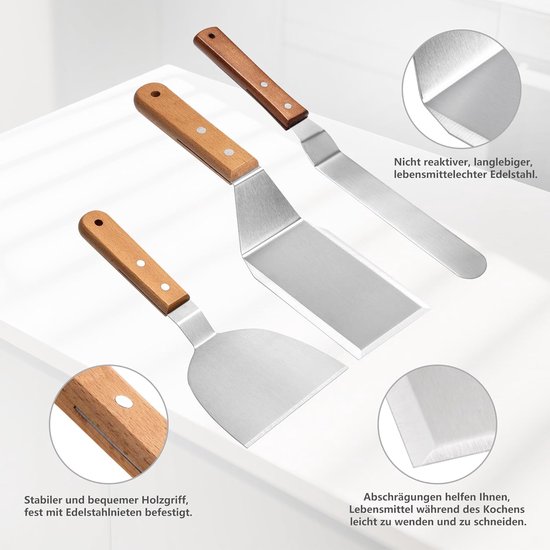 steakspatel en gebogen taartpalet, grillspatel en hoekpalet met houten handgrepen, robuuste metalen spatel voor taartdecoratie, koken en grillen, 3 stuks — afbeelding 2