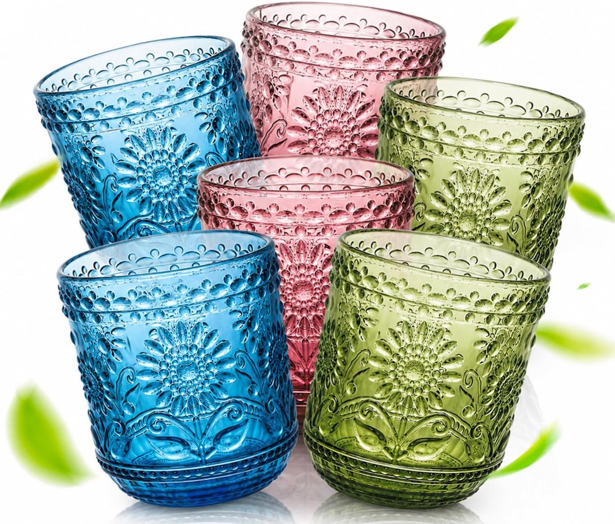 Drinkglazen Kleurrijk - Cocktailglazen Set 6-delig Glas Set 360ml - Kleurrijke glazen (2 Roze, 2 Blauw, 2 Groen) voor cocktails, sapglazen - Vaatwasmachinebestendig & Stapelbaar - Modern design