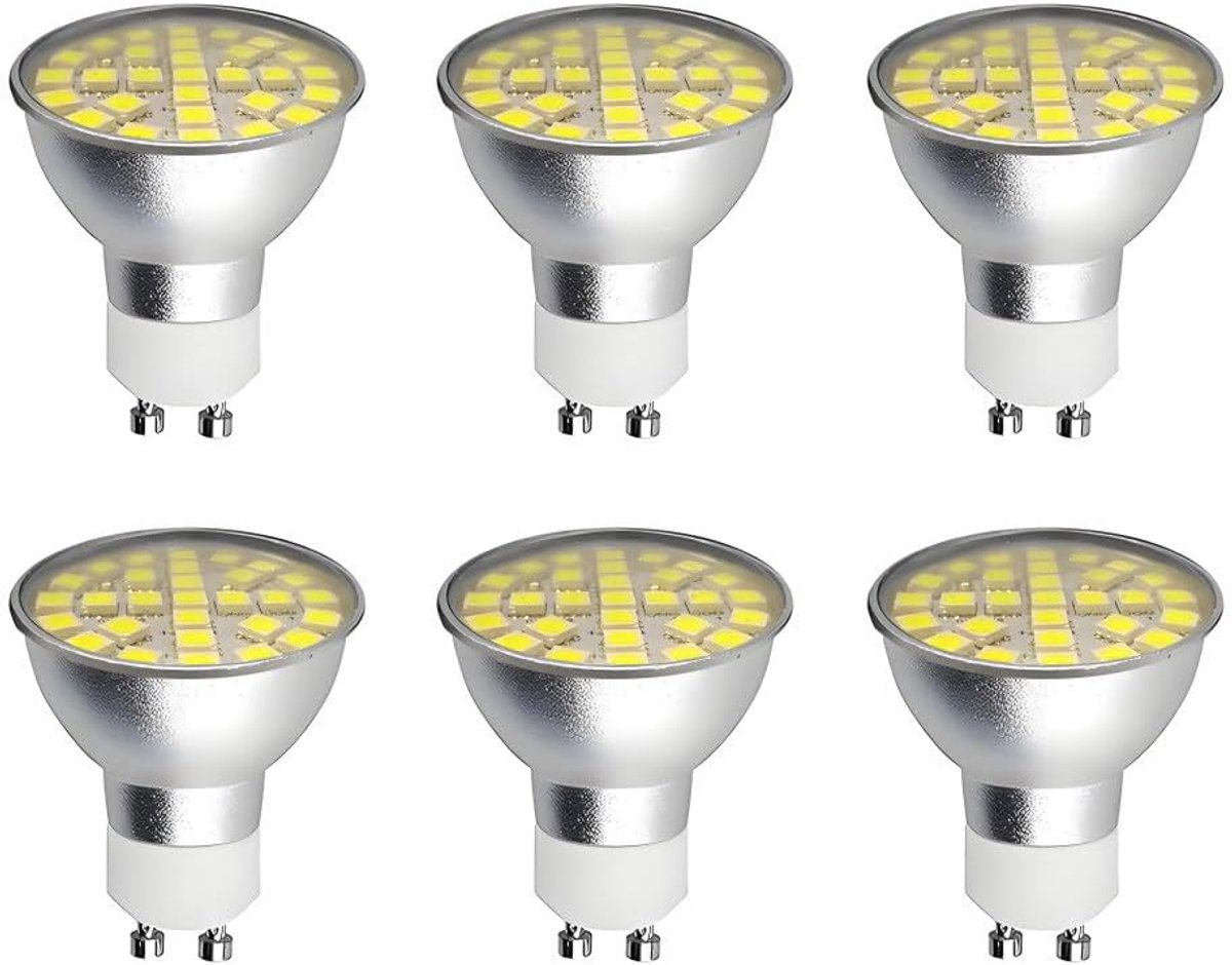 6-pack GU10 LED-lampen, 5W equivalent aan 50W halogeenlampen, Koel wit 6000K, 29 x 2835 SMD-LEDs, AC220-240V, aluminium behuizing, stralingshoek 110°, niet dimbaar, Voor meubelverlichting