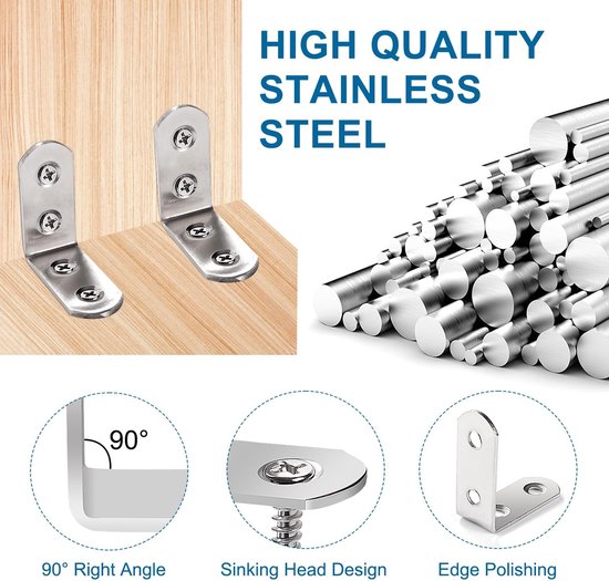 6 Stuks 45x45x20x2.5 mm L-Beugels, Roestvrijstalen L-Vormige Hoekbeugels, 90 Graden Haakse Beugelbevestiging, met 24 Stuks Schroeven, voor Meubels Bureau Tafelplank — afbeelding 2