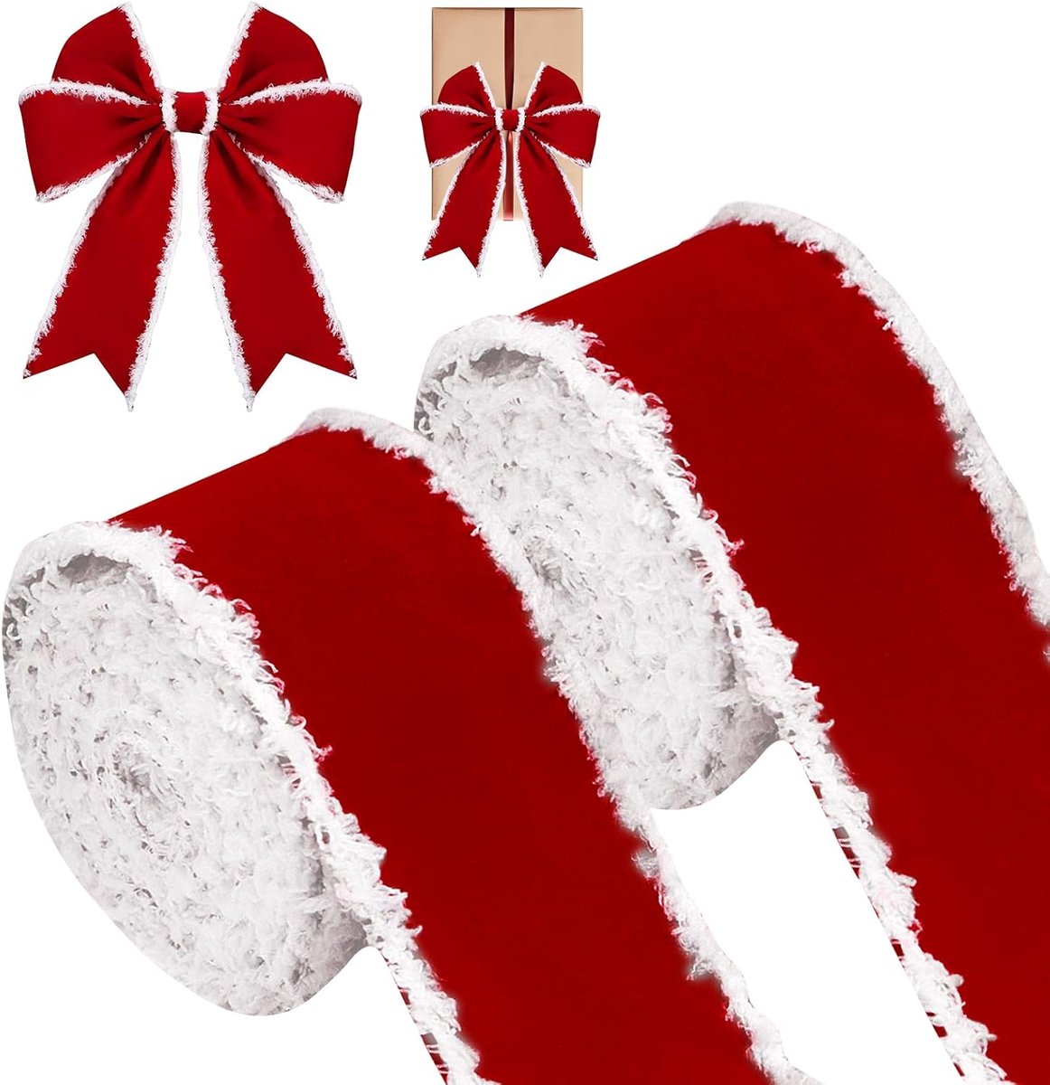 2 rollen kerstlint met draad, 6,3 cm x 5 m cadeaulint, rood fluwelen lint met rand, decoraties kerstboomband, kerstband voor knutselen, strikken, boomdecoratie, cadeauverpakking