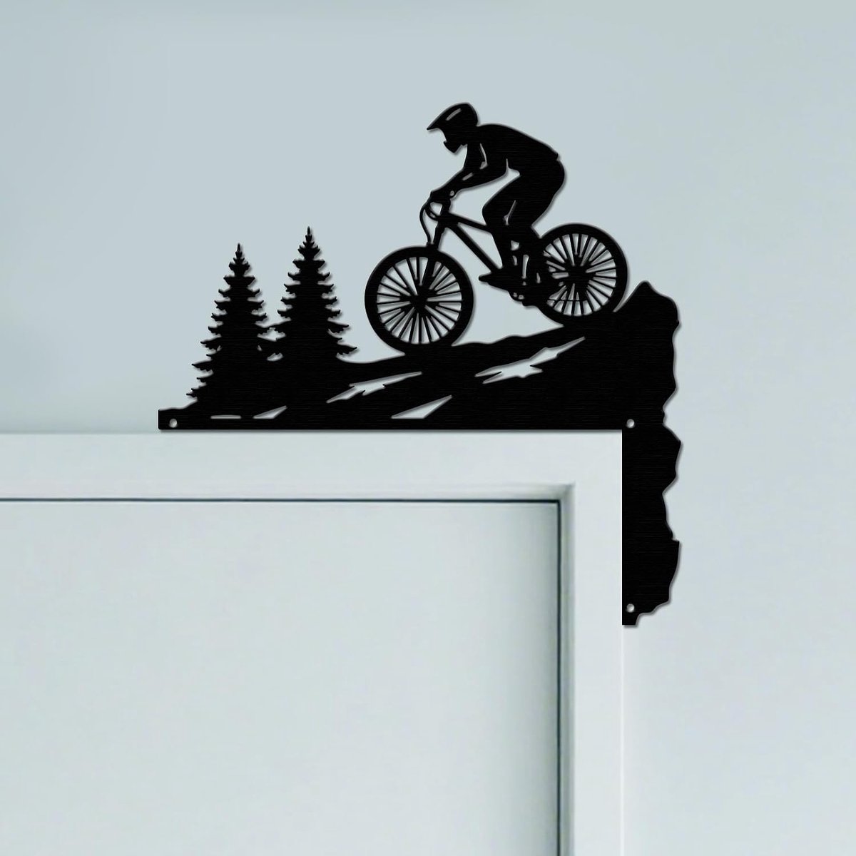 Berg en fiets metaal deurframe ornament, zwarte wanddecoratie voor deur, originele art deco poorthoek voor kinderkamer, huis, badkamer, slaapkamer