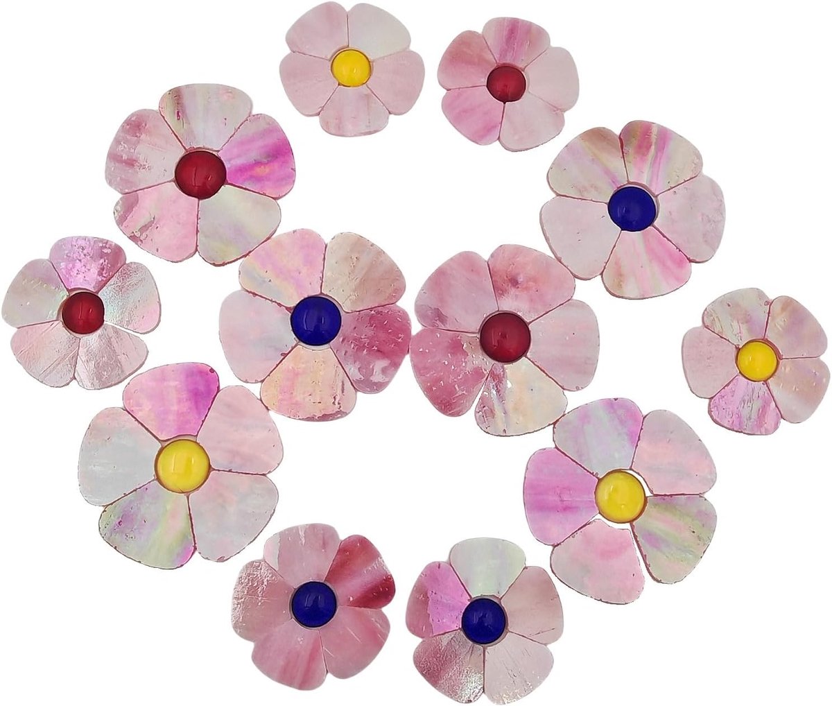 Mozaïektegelsset met bloemen - 12 bloemen met bloemblaadjes en platte kralen voor DIY-knutselen, woondecoratie en tuinkunst (iriserend roze)