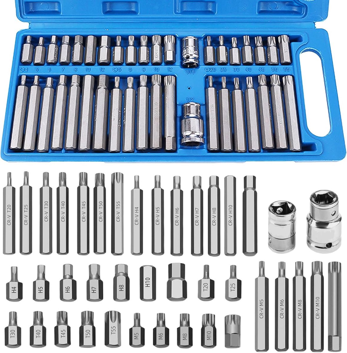 40 stuks meertand moerset, 1/2 inch, 3/8 inch torx-moerset, boorset, veeltandbitset met blauwe draagtas, dopsleutelset bevat torx-, zeskantige en spline voor autoreparatie