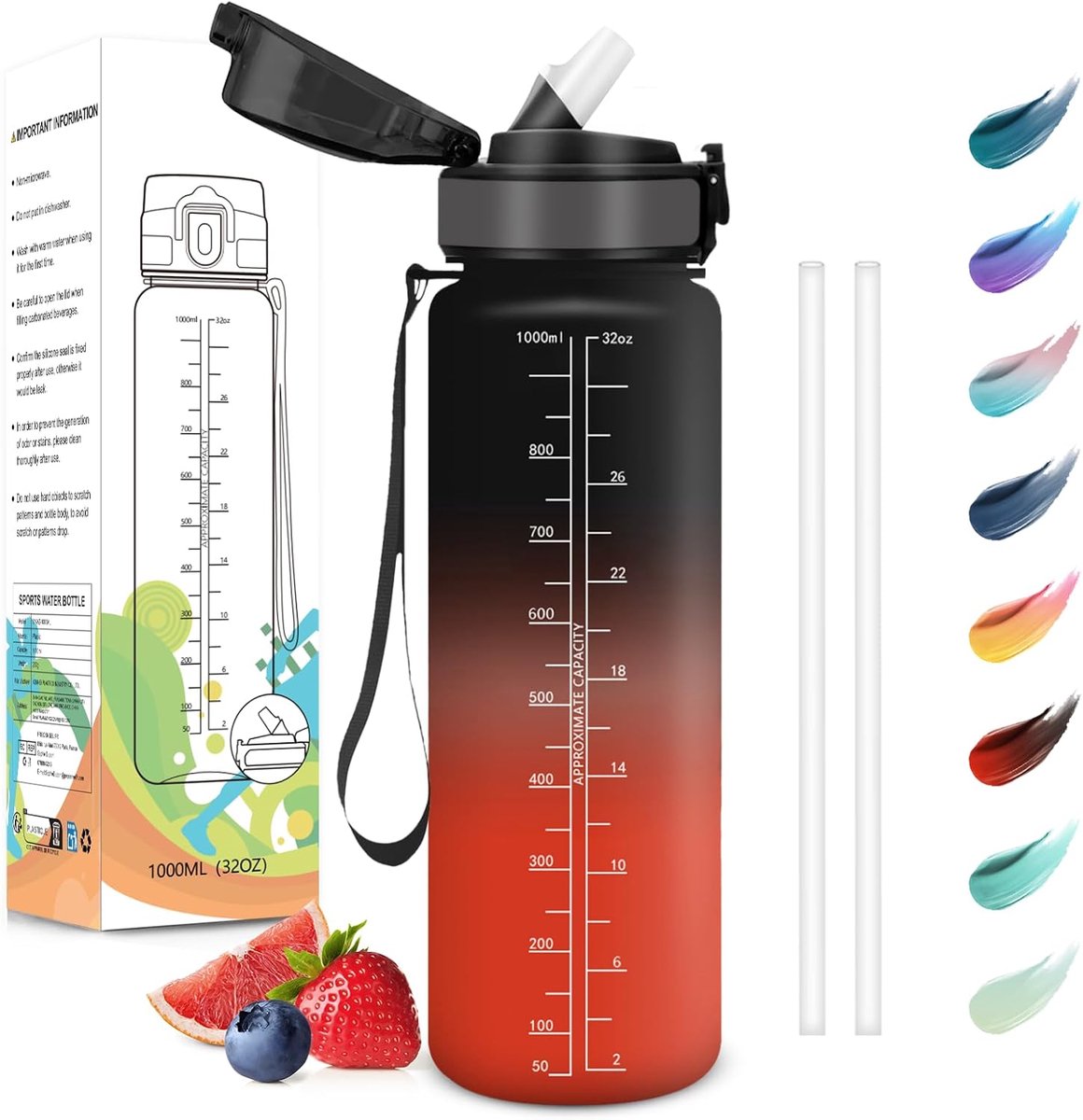 Drinkfles, 1000 ml, Lekvrij, Drinkfles met Rietje, Recyclebaar, Sportfles, BPA-Vrij, Motiverende Drinkfles met Tijdmarkering voor Sportschool, Kantoor, Hardlopen, Fietsen, Roodzwart