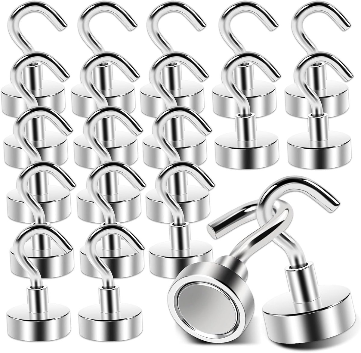 20 stuks magneethaken, kleine magneethaken, extra sterk, 20 mm, magnetische haken, neodymium magneten met haken, voor keuken, camping, grill, kantoor, outdoor en cruise-accessoires, zilver