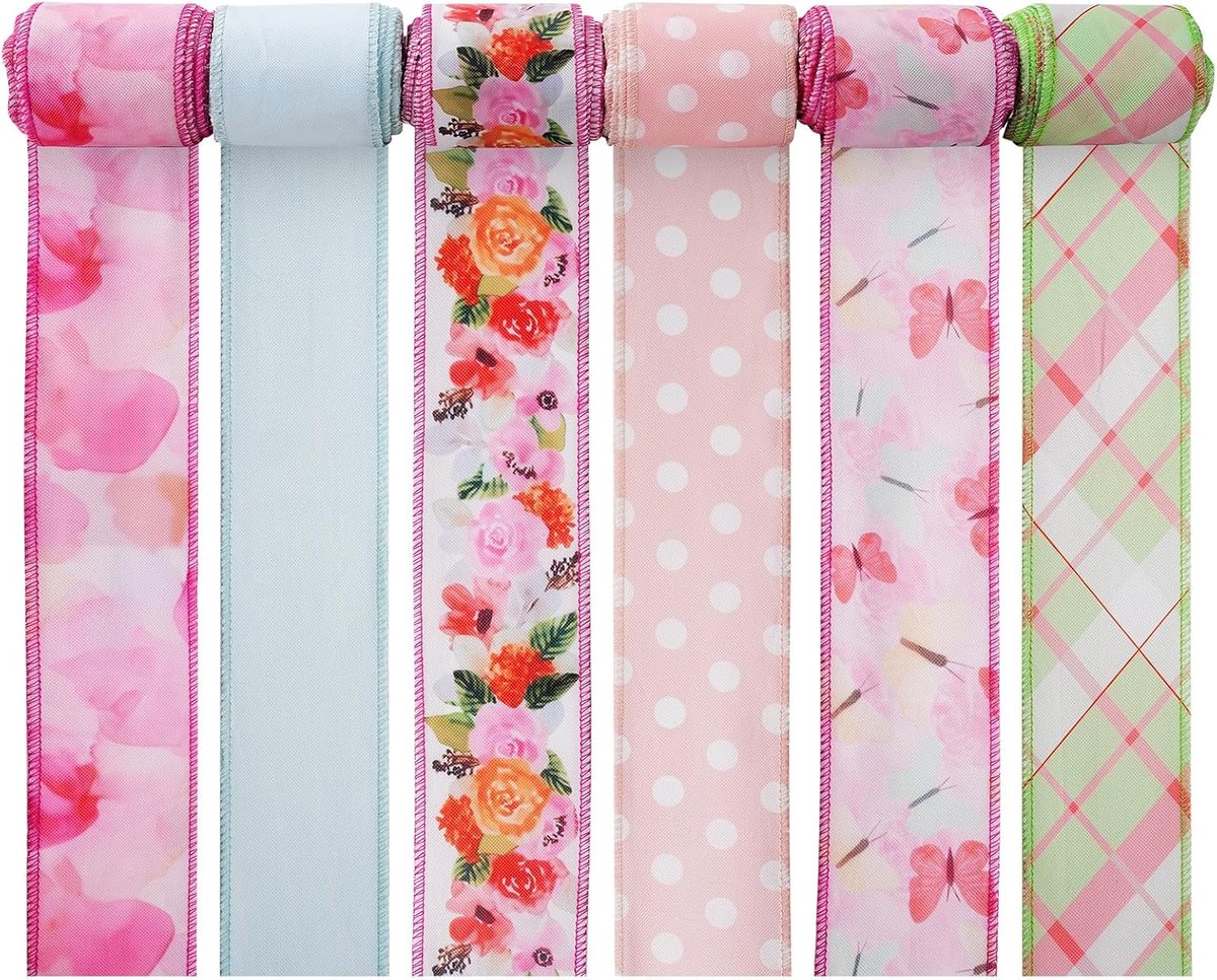 Ribbon, 6 rollen 91,5 m bloem draadrand lint vlinderbloemen decoratieve stoffen lint voor verschillende gelegenheden (stijl D)