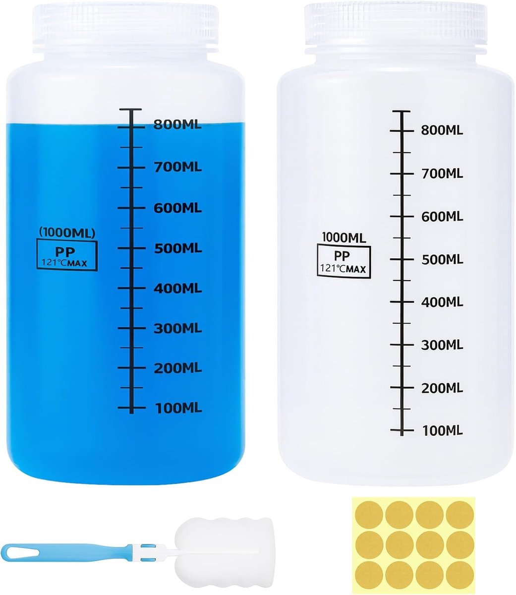 2 stuks 1000 ml fles met brede hals, kunststof, laboratoriumreageerbuisje met brede opening, verzegeld, lekvrij, doorschijnend, PP-fles, voor pillflessen, watermonsterflessen