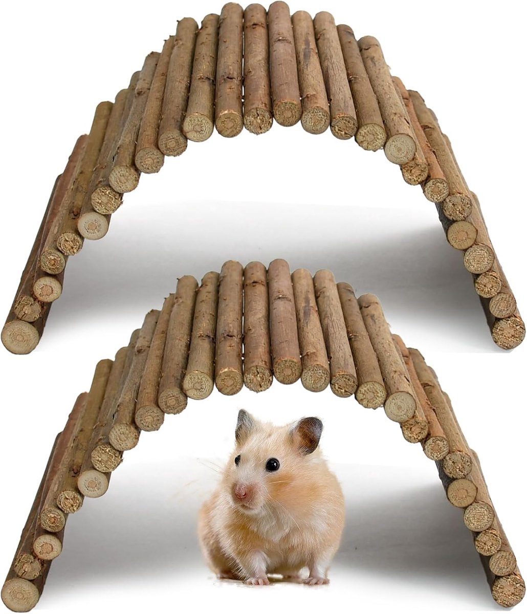 Set van 2 wilgenbruggen, natuurlijke dwerghamsteraccessoires, hamsterspeelgoed, schildpadden behuizing en cavia's accessoires, flexibele hazenaccessoires en rattenaccessoires van hout, 23 x 12