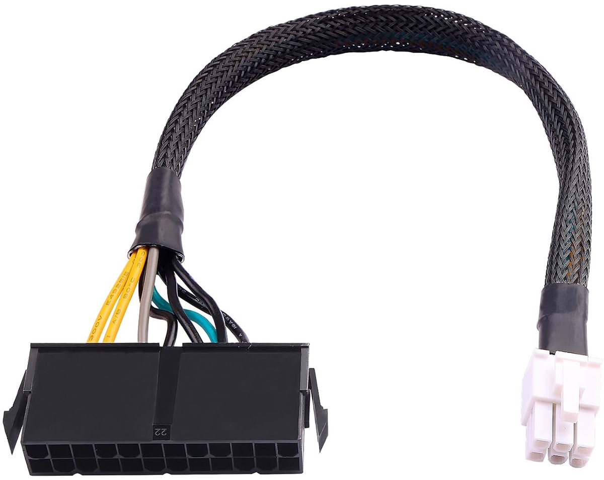 ATX-voedingsadapterkabel, 24-polige naar 6-polige vierkante aansluiting, 30CM gevlochten 18AWG, compatibel met Inspiron/Optiplex/VOSTRO